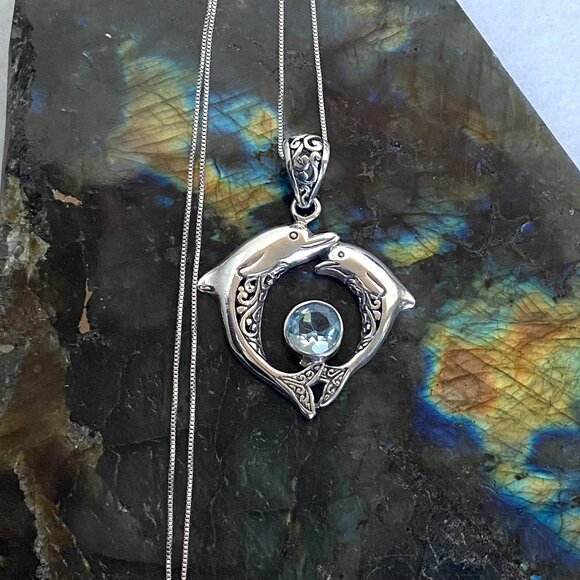 Sterling Silver 925 Blue Topaz Dolphin Earrings & Pendant Necklace Set 18" - Picture 3 of 16